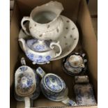 A collection of china wares including three 19th Century blue and white teapots,