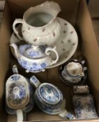 A collection of china wares including three 19th Century blue and white teapots,