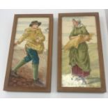 A framed pair of circa 1900 tiles, one as a young farmer sowing seed,