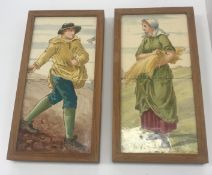A framed pair of circa 1900 tiles, one as a young farmer sowing seed,