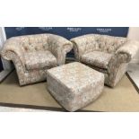A pair of modern floral upholstered scroll arm tub chairs, 107 cm wide x 85 cm deep x 66 cm high,