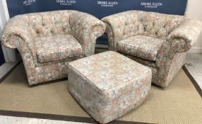 A pair of modern floral upholstered scroll arm tub chairs, 107 cm wide x 85 cm deep x 66 cm high,