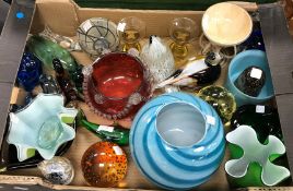 Three boxes of assorted 20th Century coloured decorative glass to include vases, bowls,