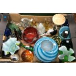 Three boxes of assorted 20th Century coloured decorative glass to include vases, bowls,