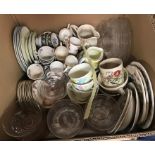 A box containing assorted china wares to include Copeland Spode "Battersea" coffee cups and saucers,