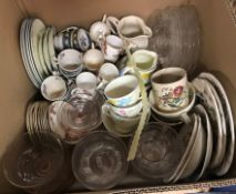 A box containing assorted china wares to include Copeland Spode "Battersea" coffee cups and saucers,