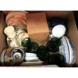 Three boxes of assorted china and glass ware to include decanters, salad plates,