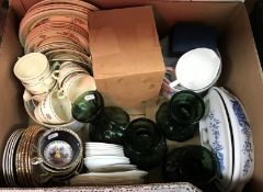 Three boxes of assorted china and glass ware to include decanters, salad plates,