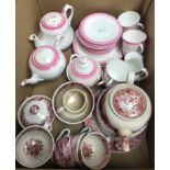 A Victorian pink transfer decorated child's / doll's teaset featuring rural scenes and a further