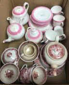 A Victorian pink transfer decorated child's / doll's teaset featuring rural scenes and a further
