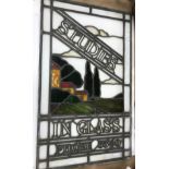 A mid 20th Century stained glass window panel inscribed "Studies in glass phone 3540" depicting a