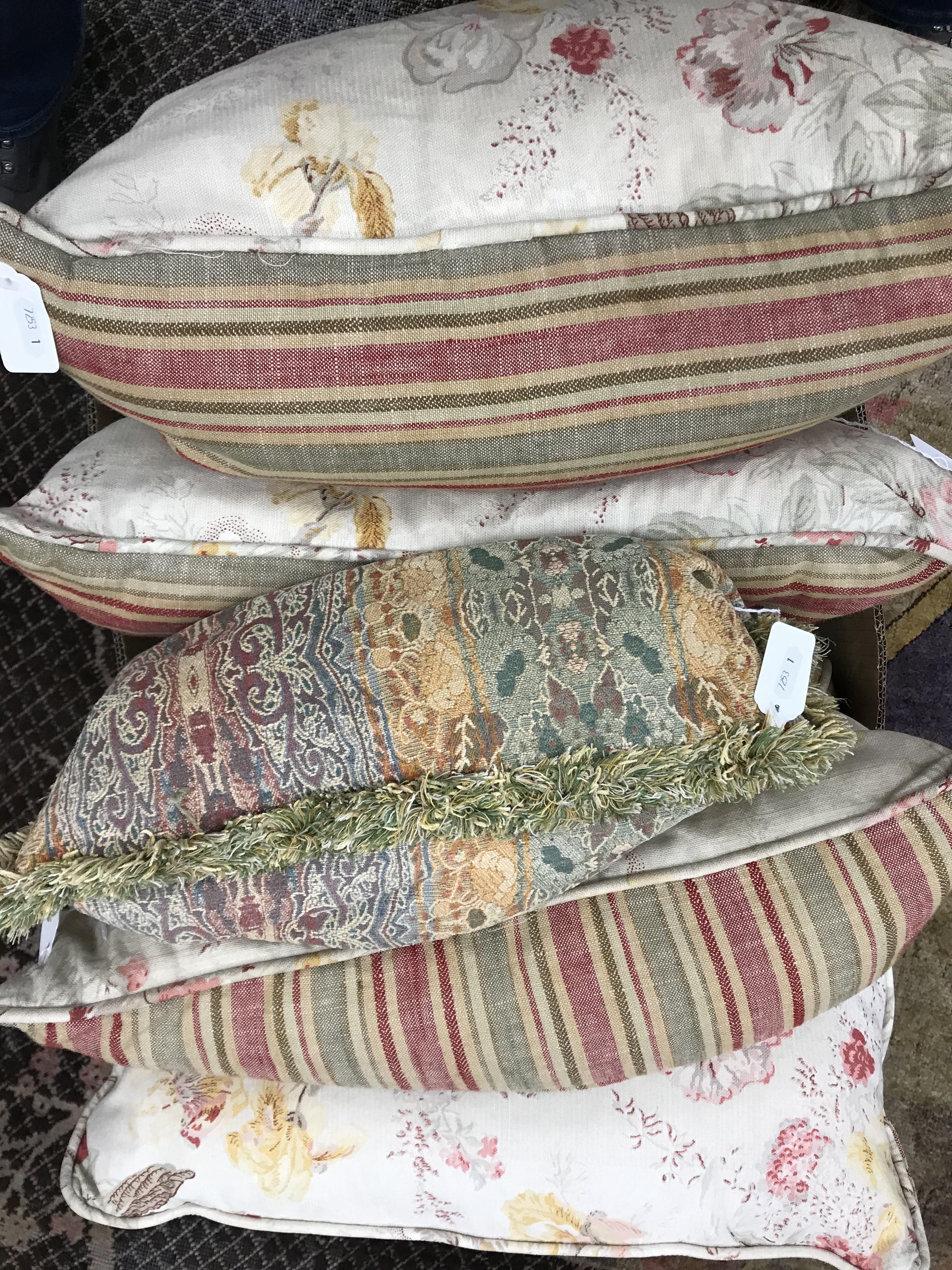 Three boxes of various cushions to include floral designs and velvet striped designs and an - Image 3 of 3