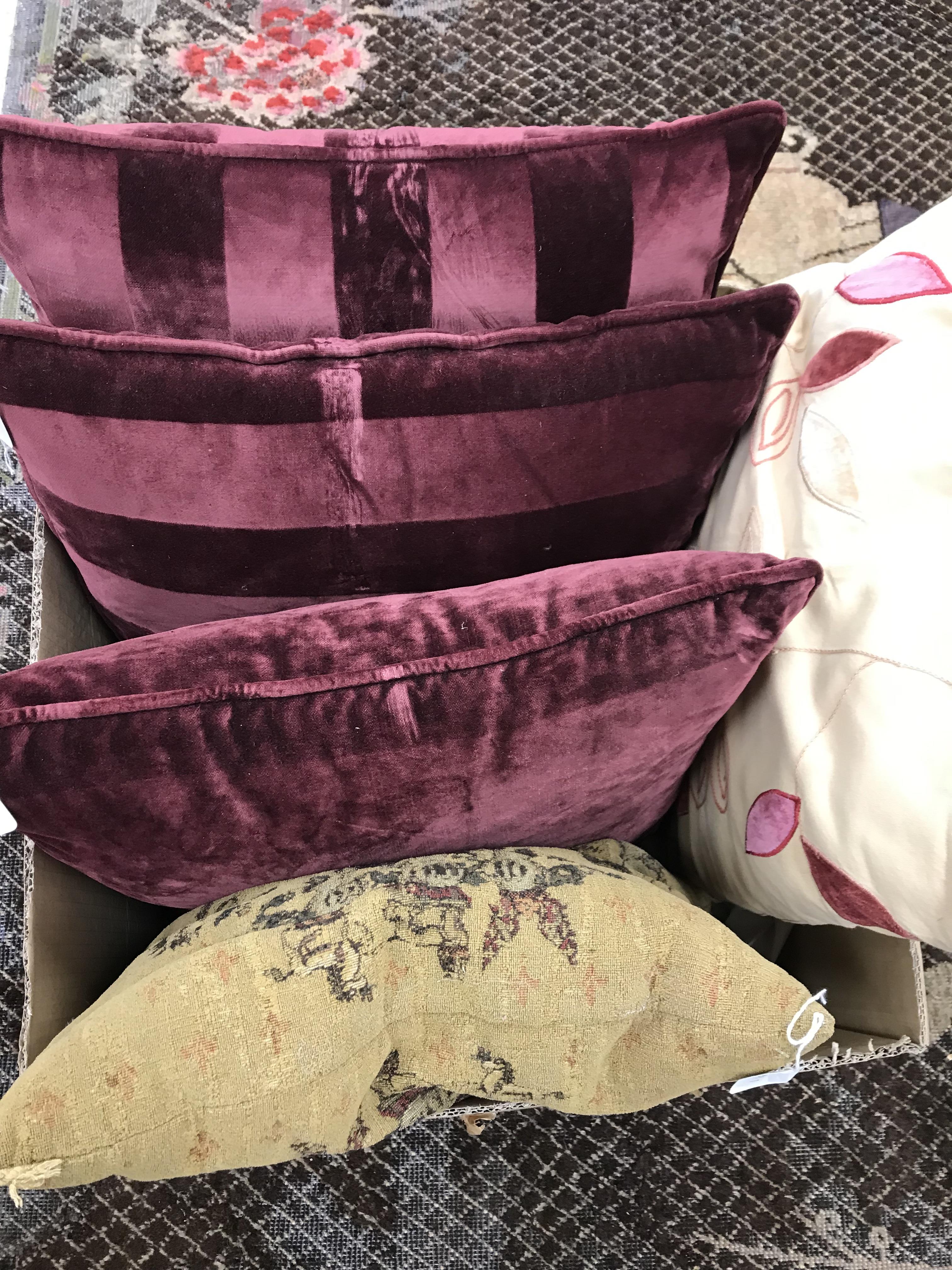 Three boxes of various cushions to include floral designs and velvet striped designs and an - Image 2 of 3