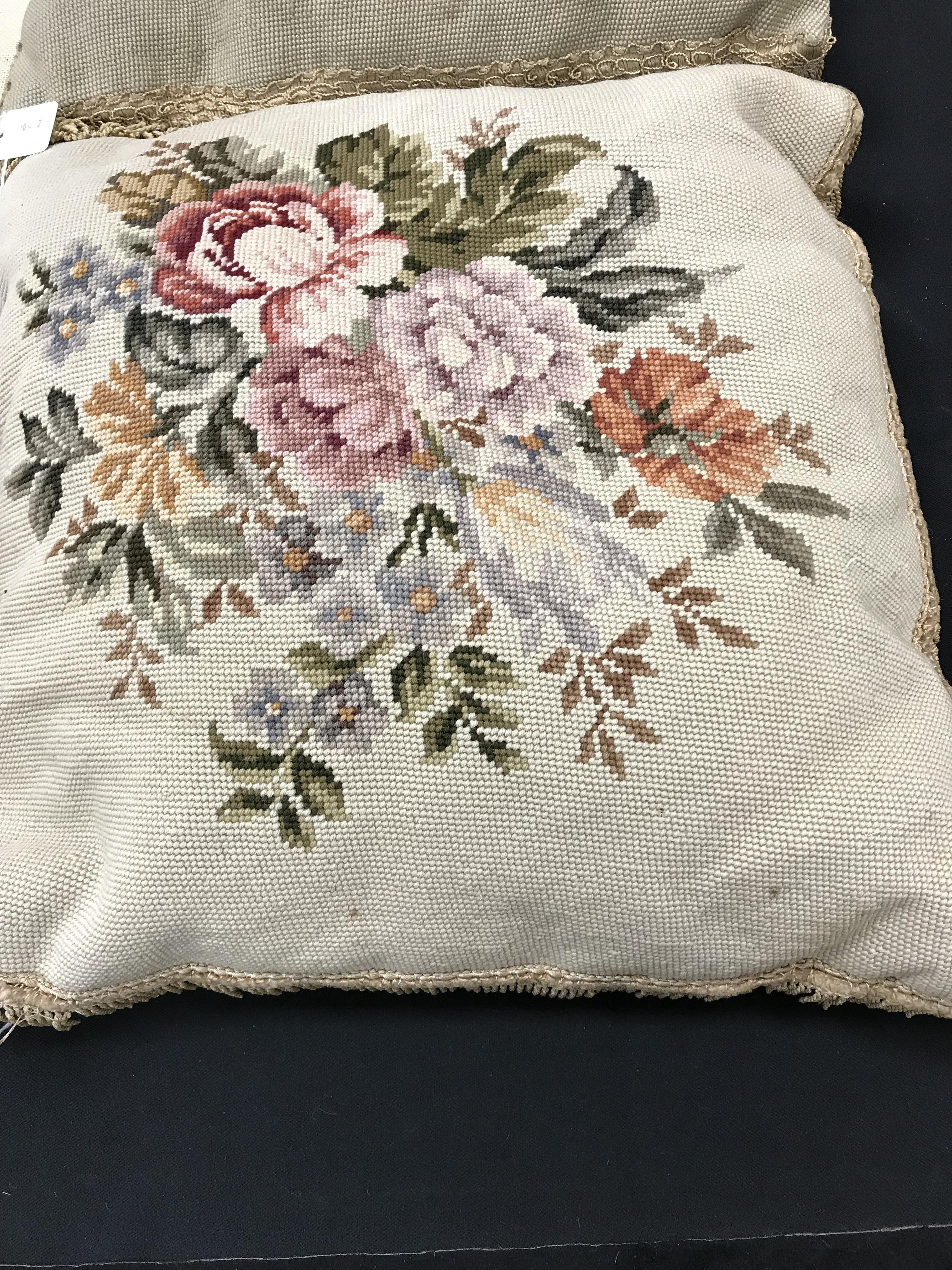 A box containing two tapestry cushions with floral design and fringing, - Image 2 of 7