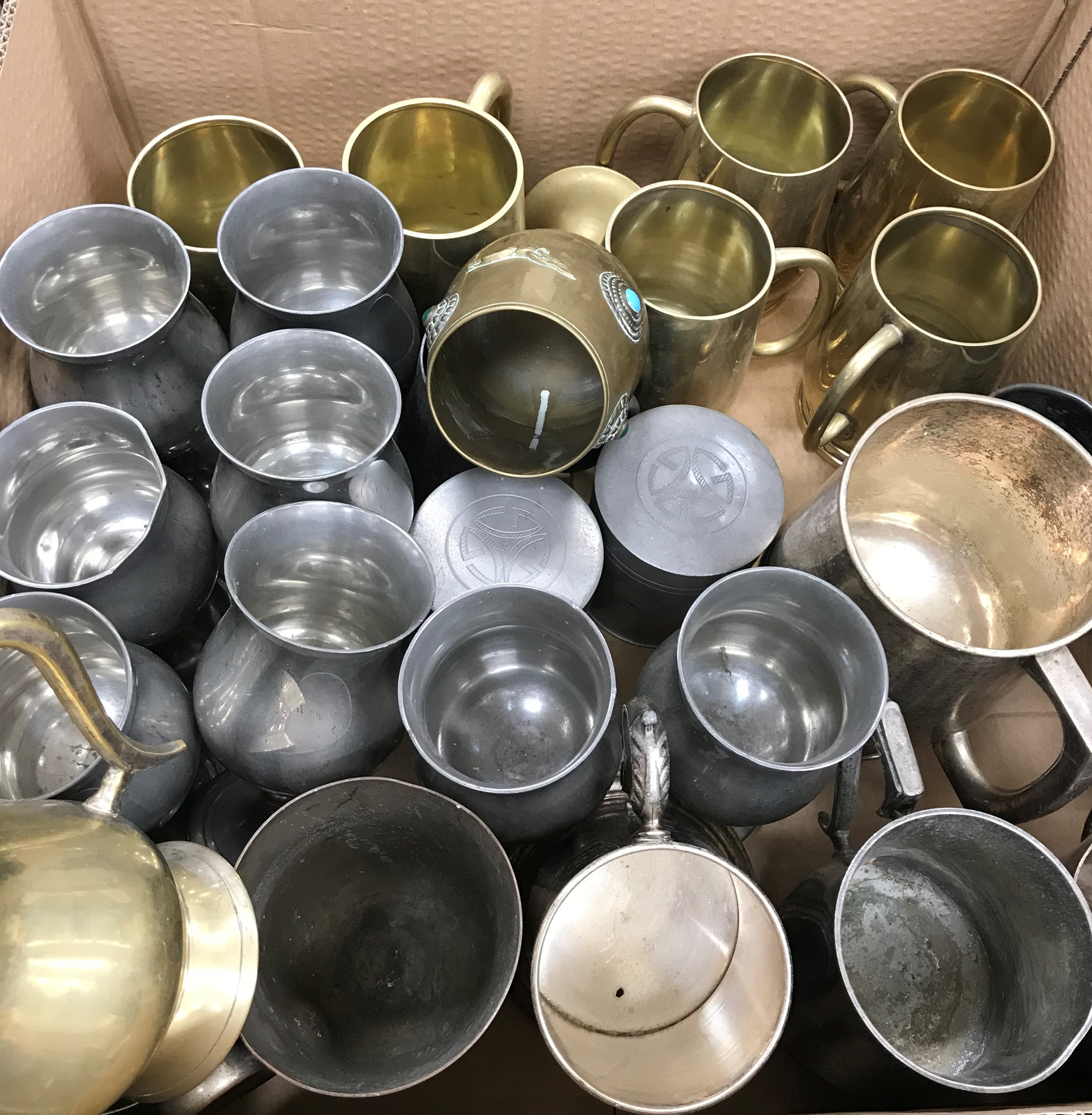 Two boxes of various pewter mugs and goblets, plated mugs, two pewter plates, - Image 2 of 7