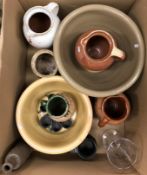 A box of various terracotta and stoneware pottery including jugs, dough bowl,