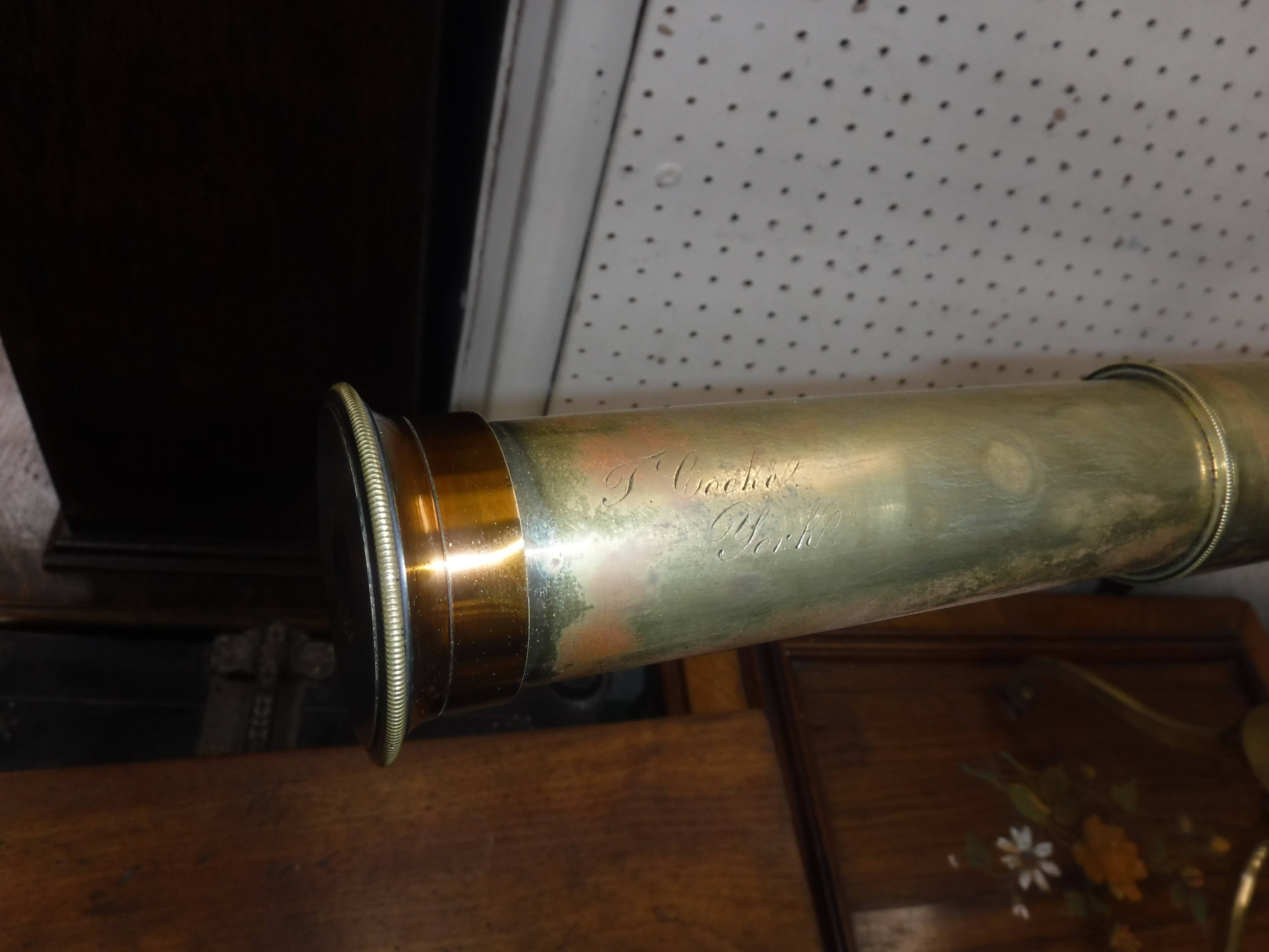 A Victorian lacquered brass cased and mahogany bound four draw telescope by T Cooke of York, - Image 6 of 14