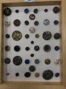 A tray of a variety of mainly metal buttons depicting various forms of birds with buttons ranging