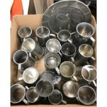 Two boxes of various pewter mugs and goblets, plated mugs, two pewter plates,