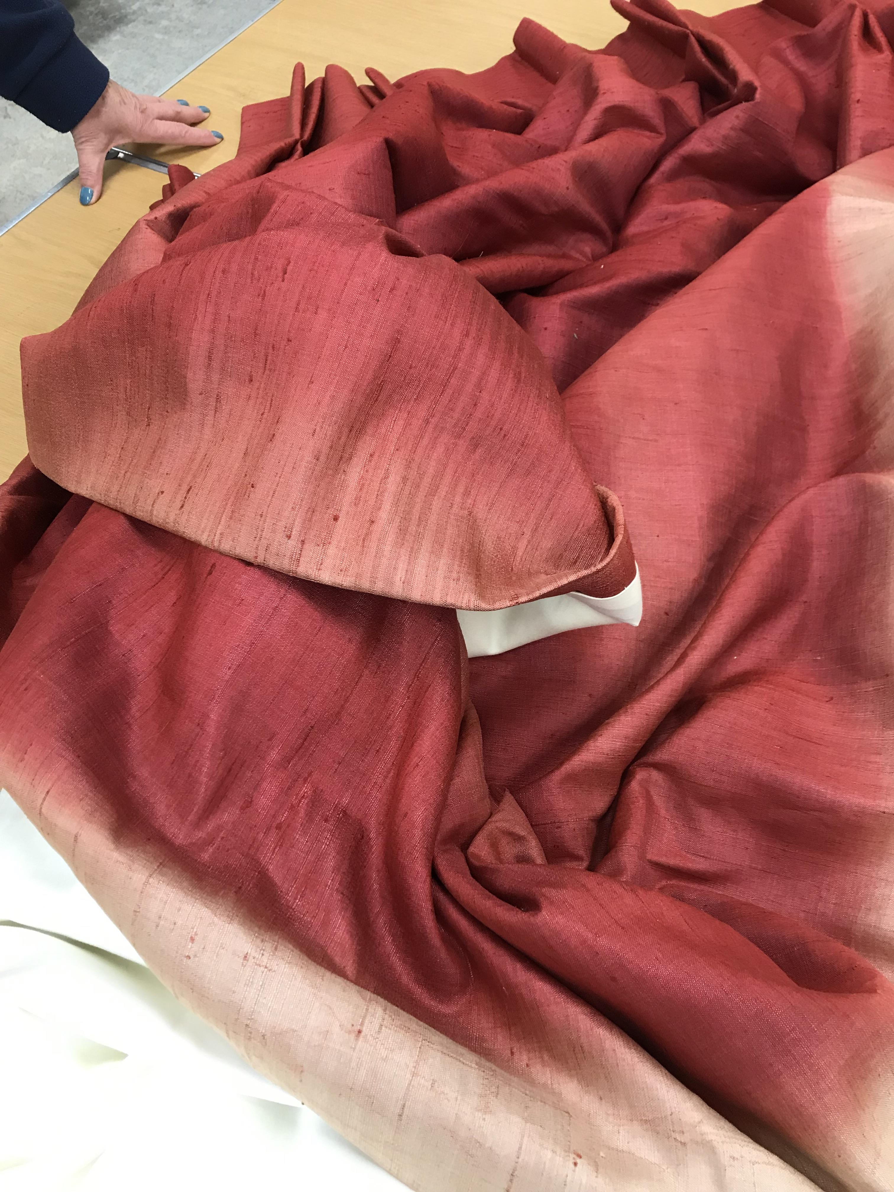 One pair of burgundy silk interlined curtains with double pencil pleat fixed headings, - Image 4 of 8