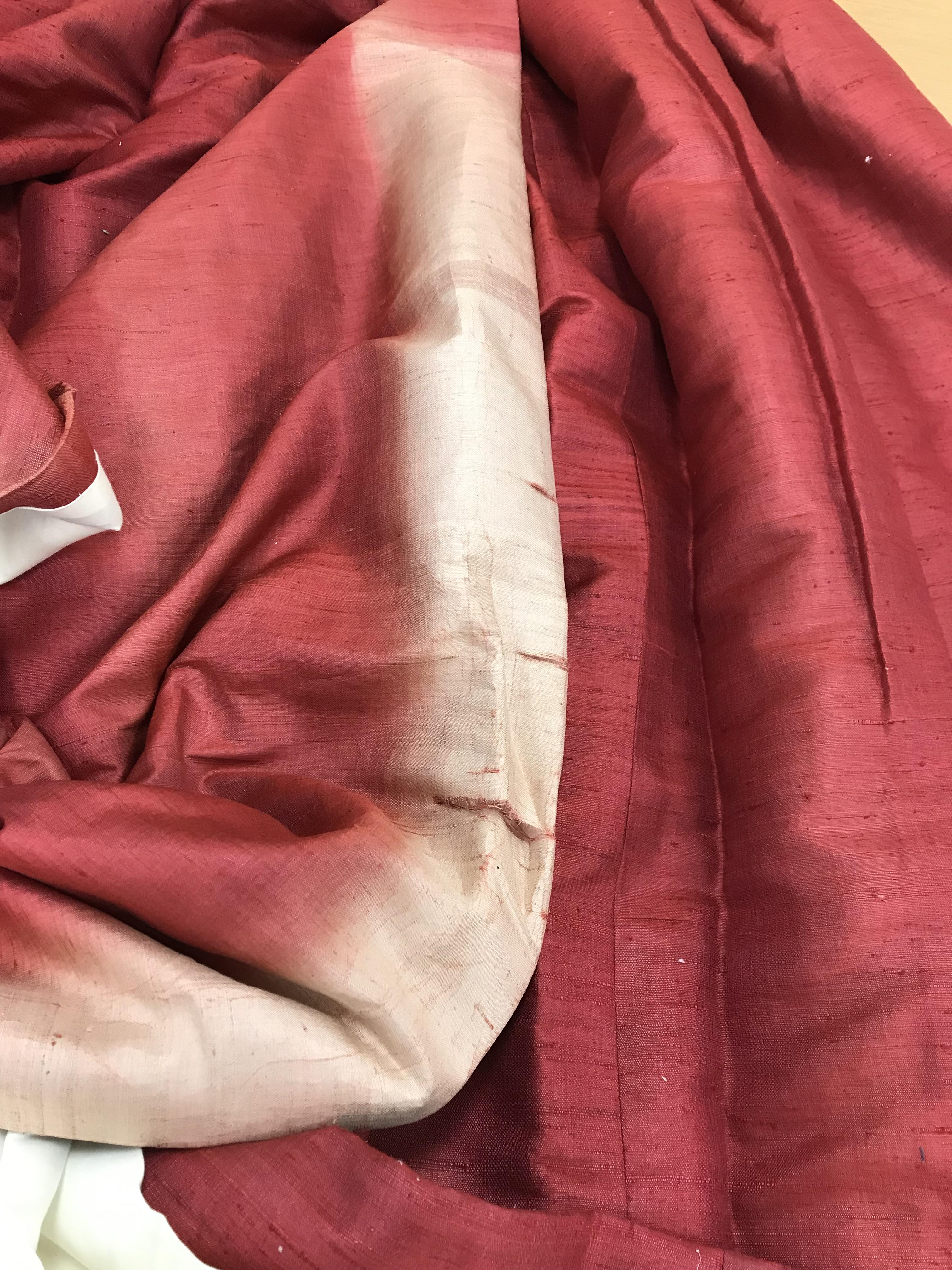 One pair of burgundy silk interlined curtains with double pencil pleat fixed headings, - Image 2 of 8