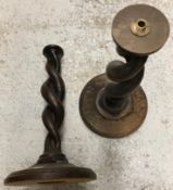 A pair of oak open barley twist lamp bases 42 cm high together with a box of various copper ware