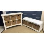 A pair of modern painted open bookcases with single drawers over three adjustable shelves,