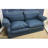 A Wesley Barrell blue loose covered upholstered scroll arm sofa 202 cm wide x 85 cm deep x 78 cm