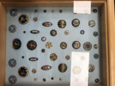 A frame containing a display of enamelled buttons, size ranging from 7-30mm diameter, 33 cm x 29 cm,