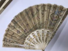 A 19th Century fan with bone sticks and hand painted and sequin set fabric depicting couples in