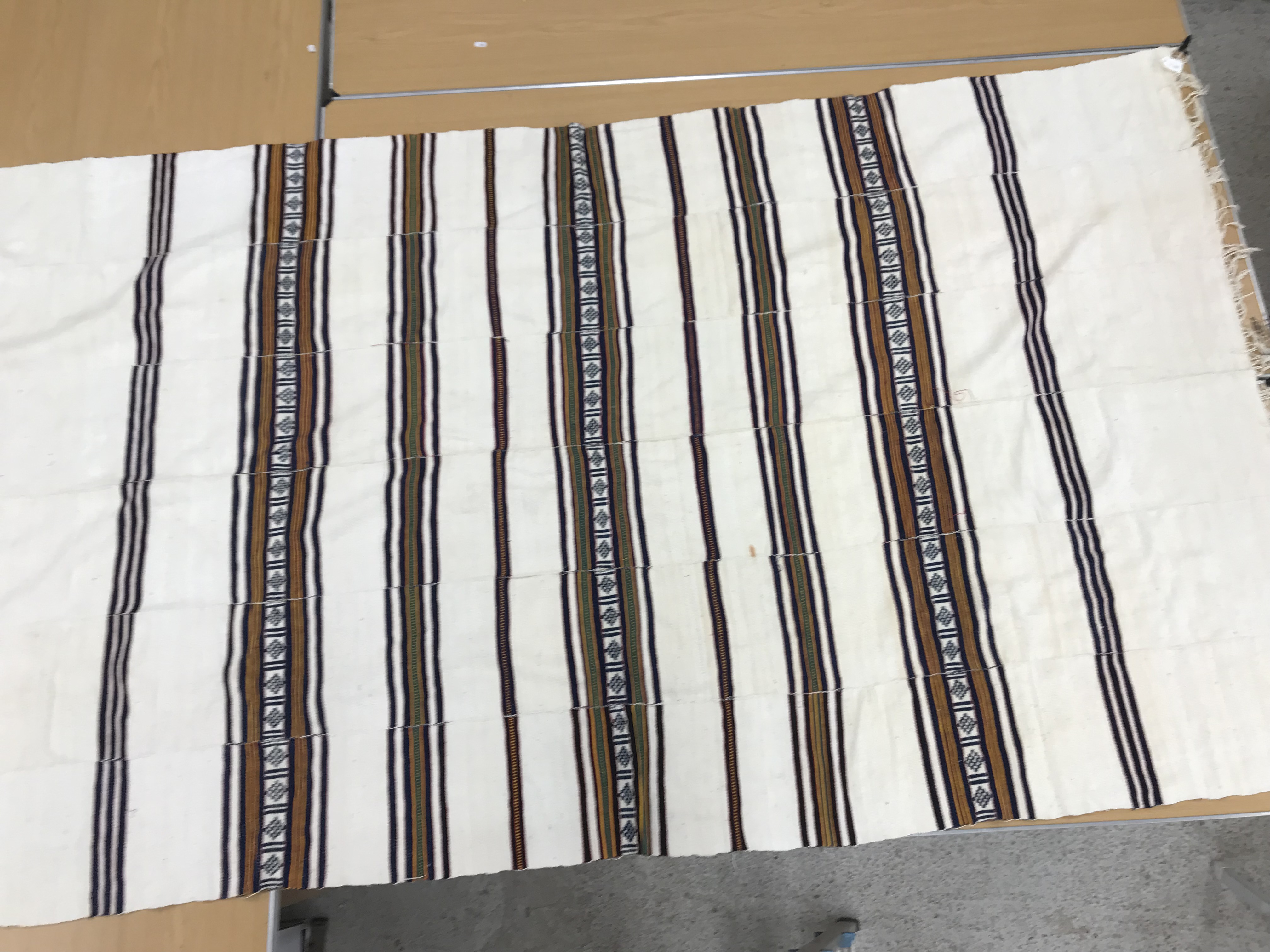 A mid 20th Century Fulani blanket in cream with blue and yellow stripes constructed of hand woven - Image 15 of 18