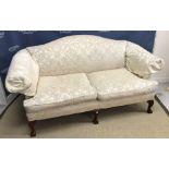 A modern cream brocade upholstered scroll arm sofa on cabriole legs to claw and ball feet 182 cm