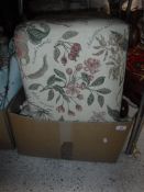 An upholstered square pouffe, raised on bun feet, assorted curtains for re-purposing,