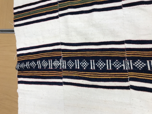 A mid 20th Century Fulani blanket in cream with blue and yellow stripes constructed of hand woven - Image 14 of 18