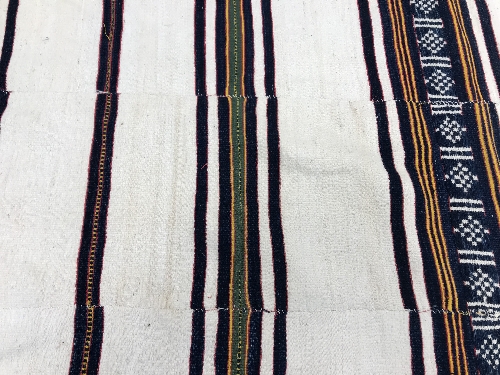 A mid 20th Century Fulani blanket in cream with blue and yellow stripes constructed of hand woven - Image 8 of 18