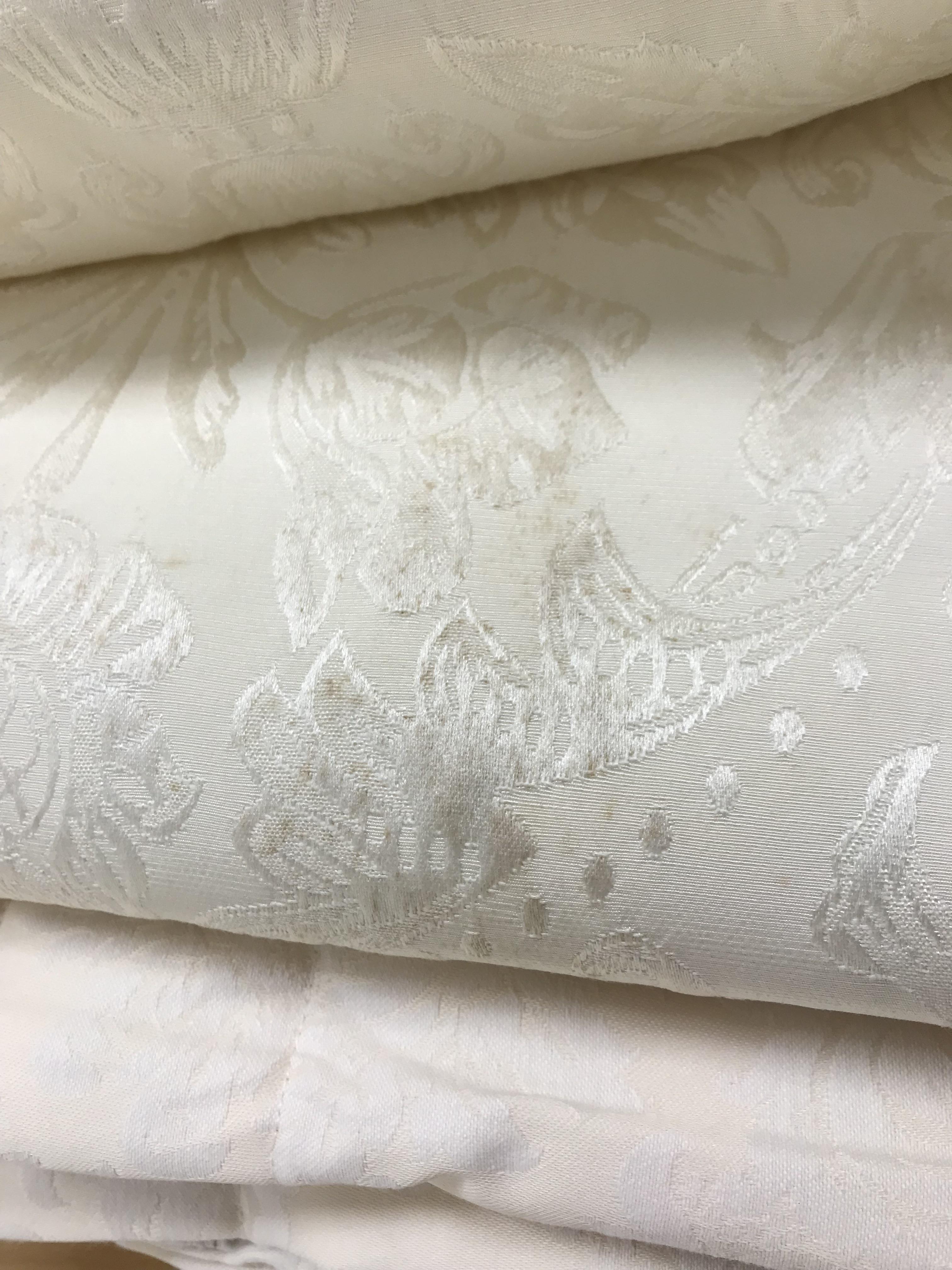 Four pairs of cream damask foliate design curtains, interlined, with a taped pencil pleat heading, - Image 25 of 28