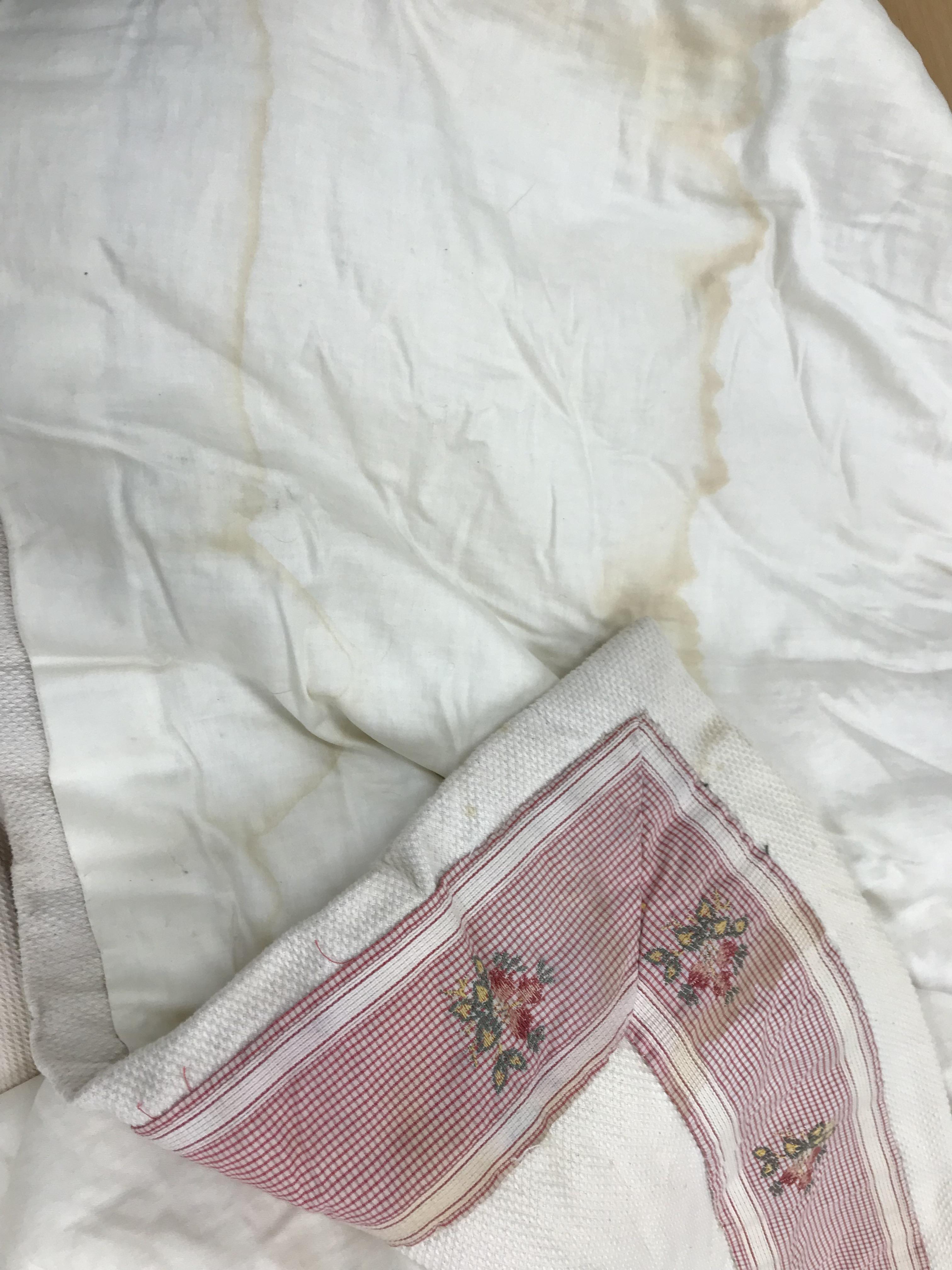 A pair of cotton waffle type curtains in cream with pink gingham and floral banding, interlined, - Image 6 of 28