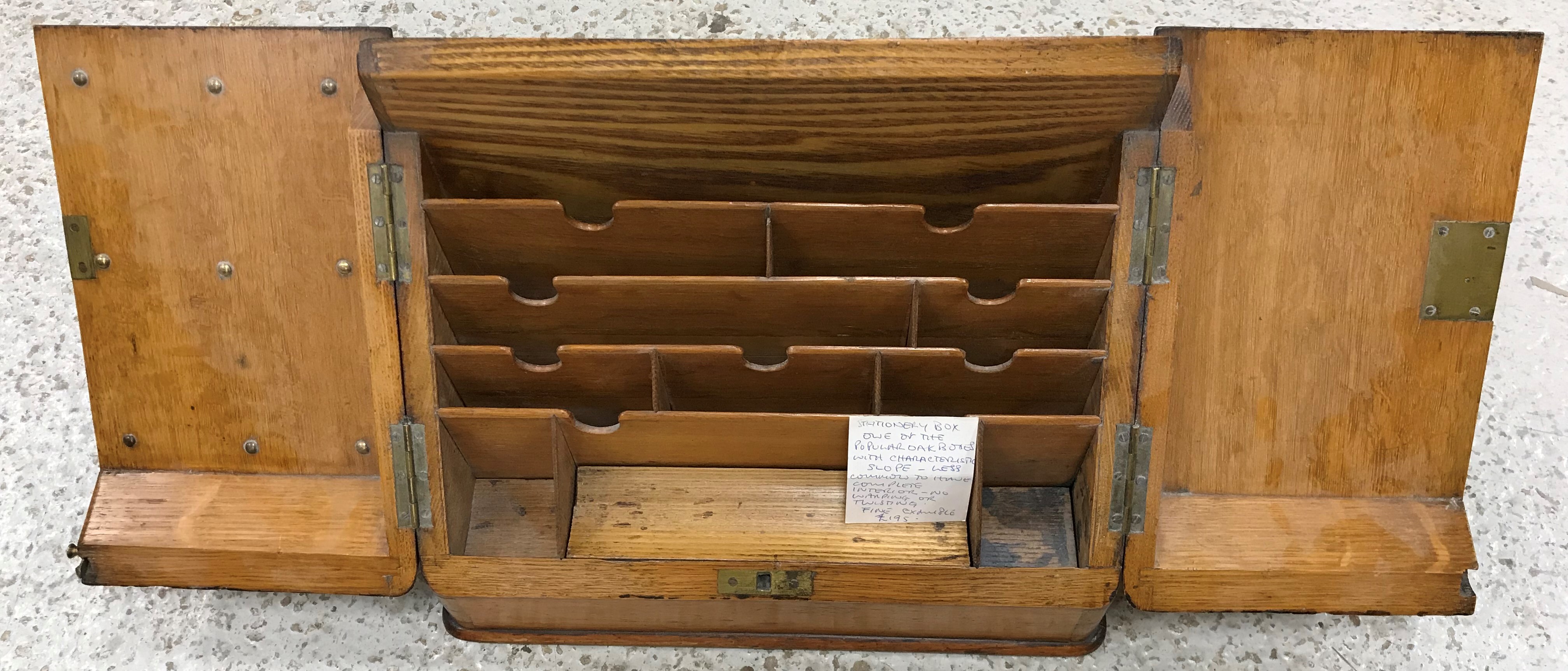 A Victorian oak slope top stationery box of typical form 33 cm wide x 27 cm high together with a - Image 2 of 7