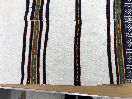 A mid 20th Century Fulani blanket in cream with blue and yellow stripes constructed of hand woven - Image 10 of 18