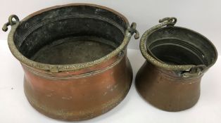 Two Middle Eastern waisted buckets, a box of various brassware,