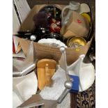 Two boxes of various household sundries including stoneware flagon, horn spoons and bowls,