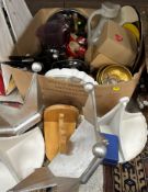 Two boxes of various household sundries including stoneware flagon, horn spoons and bowls,