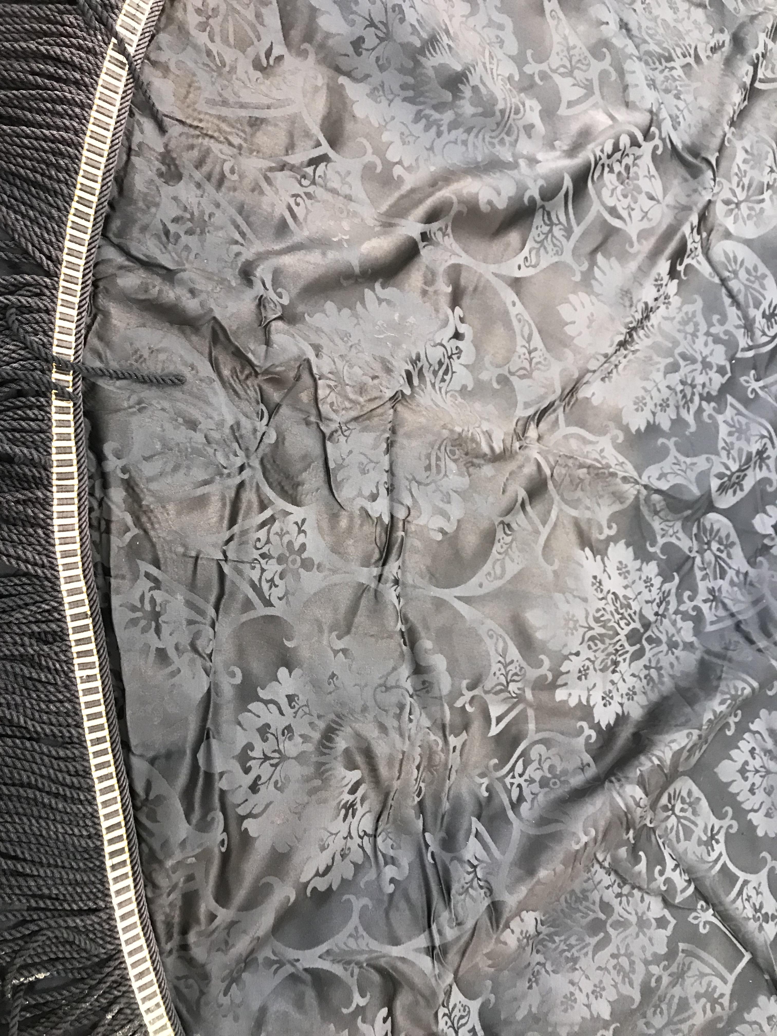 Four black damask circular tablecloths with black and gold braid and fringing, - Image 11 of 21