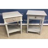 A pair of cream painted tray top three tier bedside tables with single drawers on square supports,