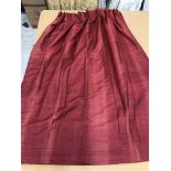 One pair of burgundy silk interlined curtains with double pencil pleat fixed headings,