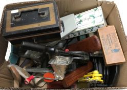 Four boxes of sundries to include letter press, money box, pastry cutters, pie centre,