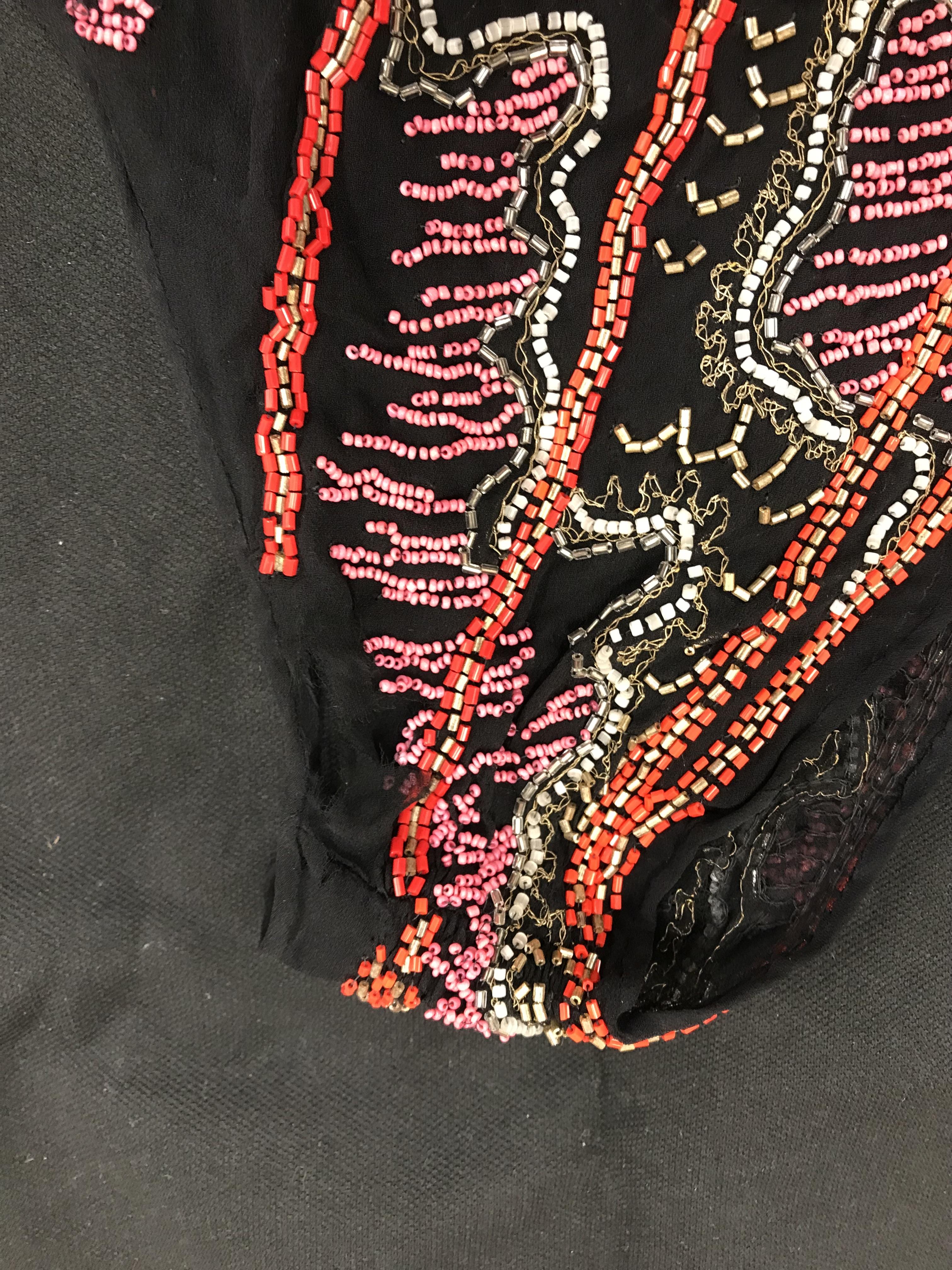 A black silk evening top, heavily beaded with pink, red, white and clear glass beads, - Image 8 of 10