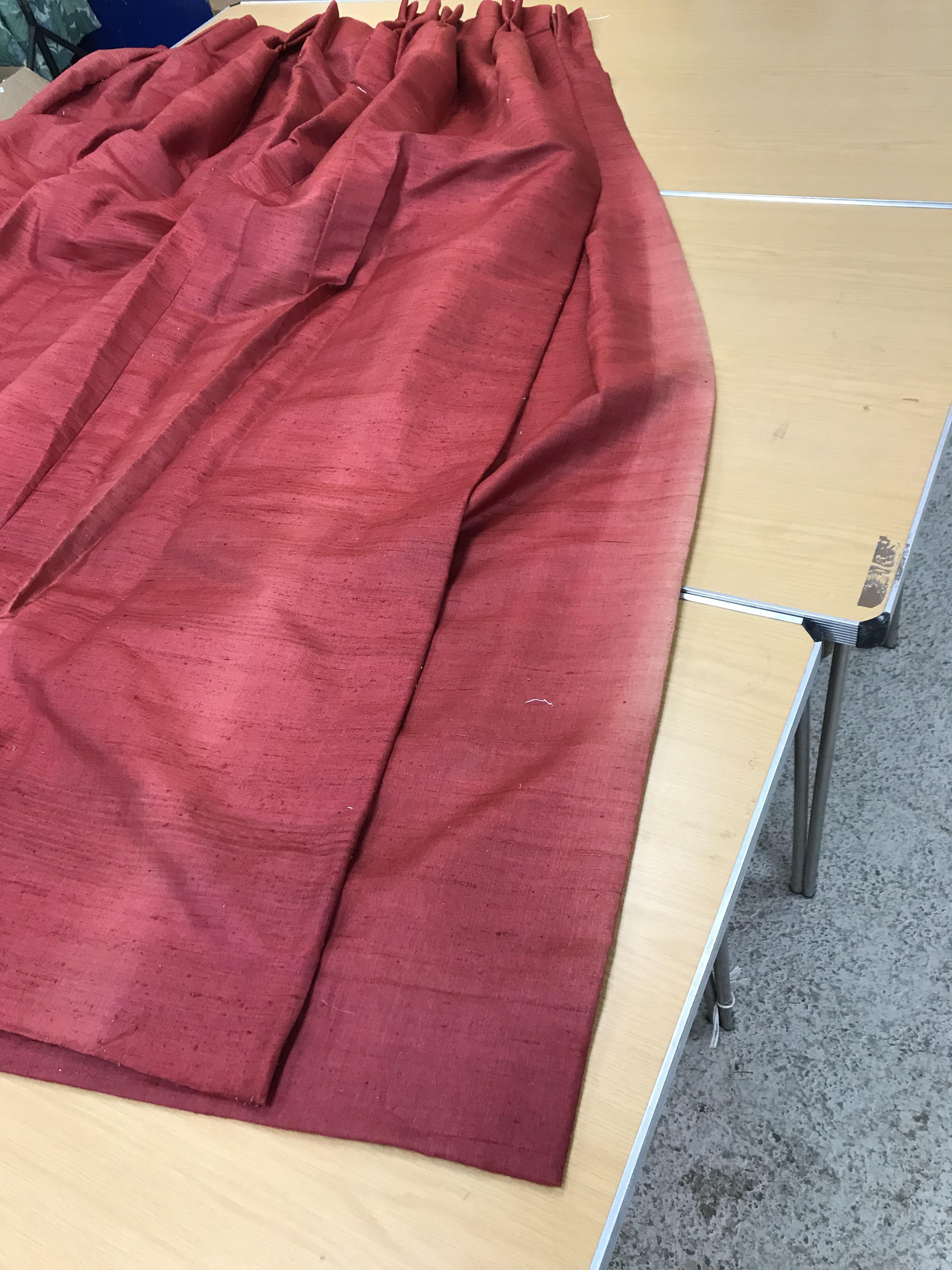 One pair of burgundy silk interlined curtains with double pencil pleat fixed headings, - Image 5 of 8