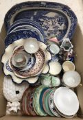 Two boxes of various china ware including blue and white transfer decorated willow pattern meat