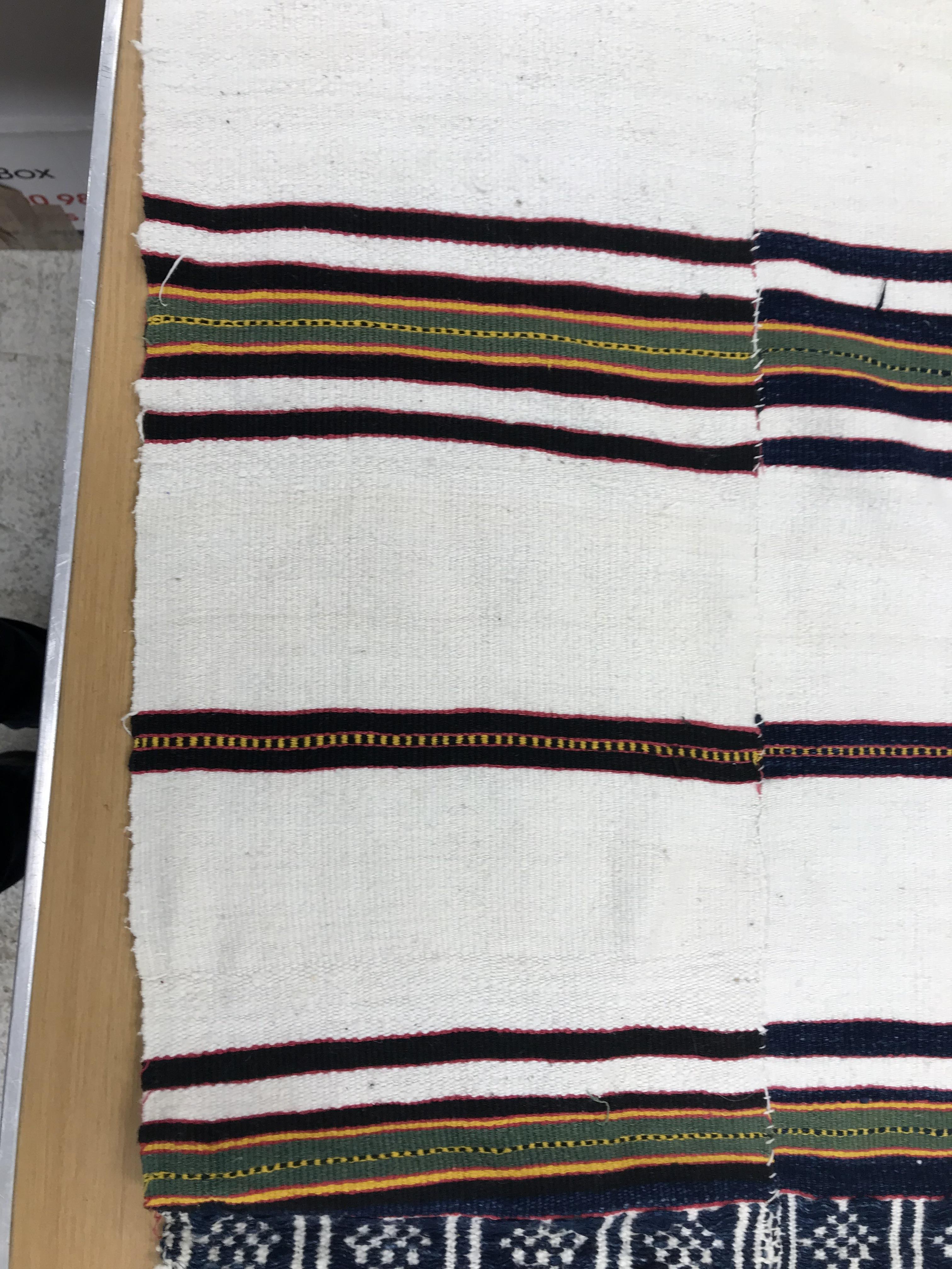 A mid 20th Century Fulani blanket in cream with blue and yellow stripes constructed of hand woven - Image 9 of 18